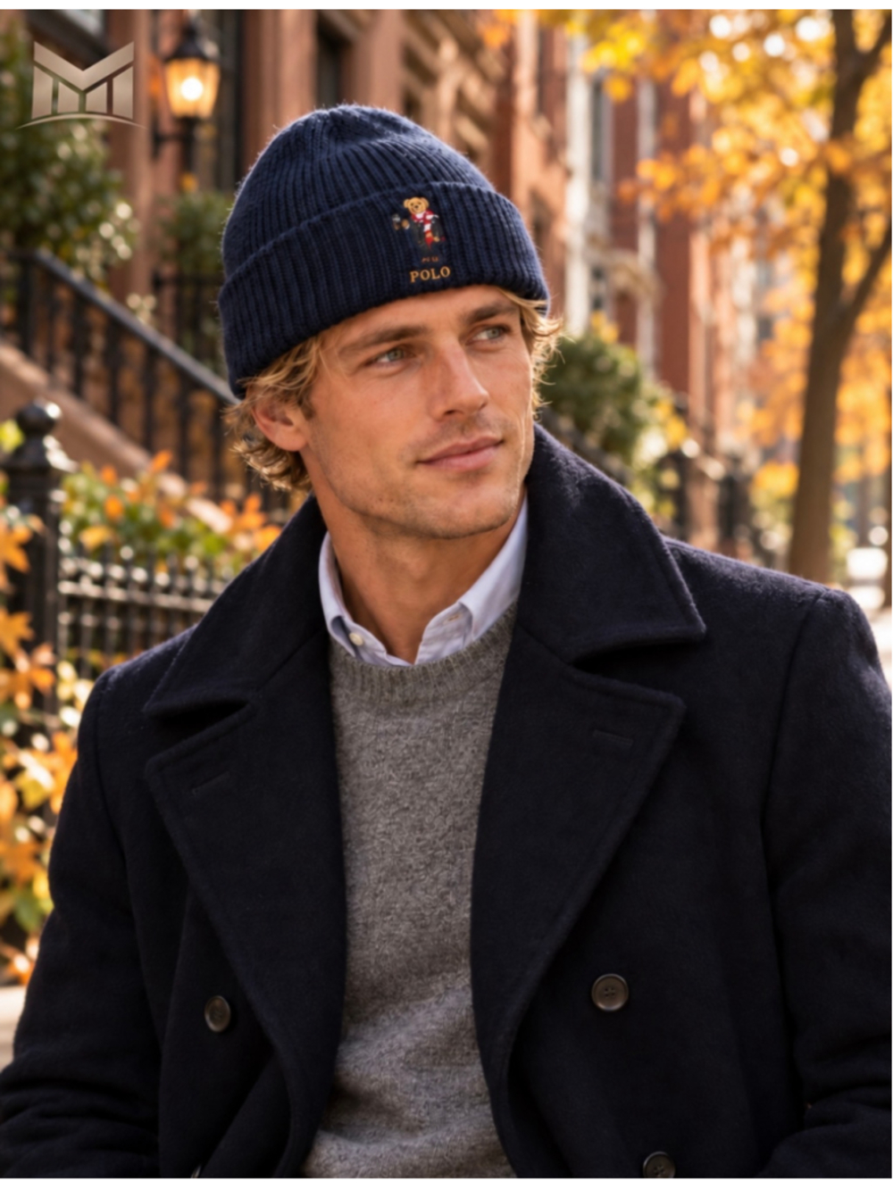 Ralph Lauren Polo Bear Navy Ribbed Knit Beanie Hat Winter Scarf Coffee Embroider